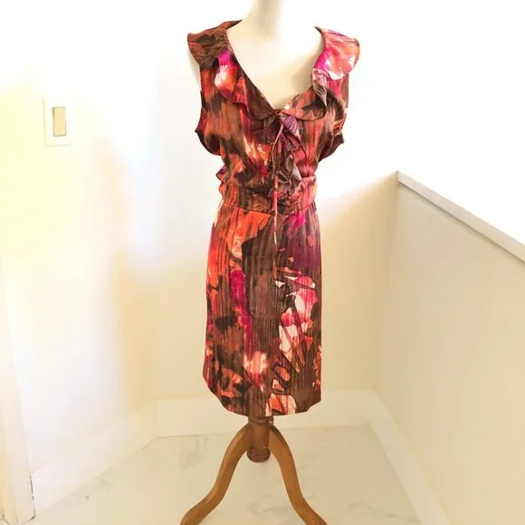 Calvin Klein | Dresses | Calvin Klein Women Ruffle Lace Up Dress Size L  Large Brown Orange Sleeveless | Poshmark